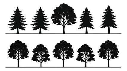Diverse tree silhouettes against white background trees