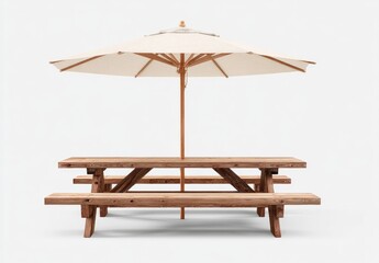 Cream umbrella over wooden picnic table