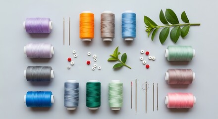 Photo of a flat lay of sewing supplies with colorful threads and needles