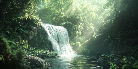 A waterfall in a lush forest, right side blurry for logo placement.