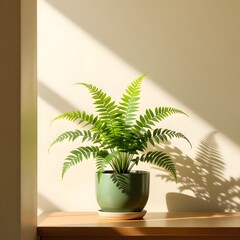 Obraz premium Lush Green Fern Plant in a Modern Green Pot with Sunlight Shadows