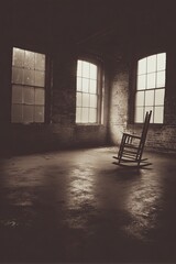 A solitary rocking chair in a dimly lit industrial space