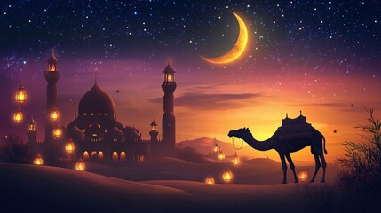 Silhouetted mosque and camel caravan at twilight under a starry night sky.