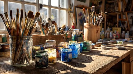 Artistic paintbrushes and pigments arranged on a rustic workbench.