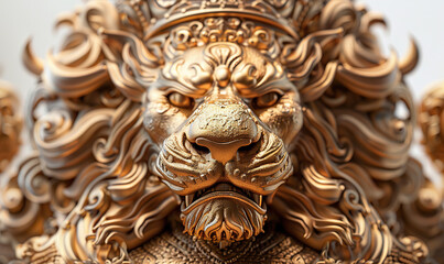 Close-up view of an intricate golden dragon sculpture with emphasis on texture. Generate AI