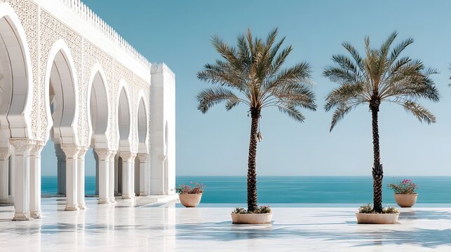 White arches and palm trees overlook the tranquil ocean.