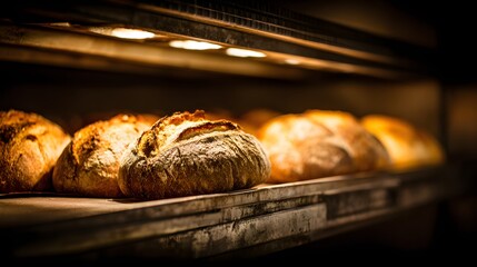 Freshly baked loaves of bread in a bakery oven.