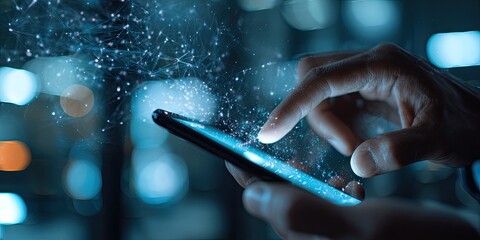 Person using a smartphone at night with a network graphic overlay