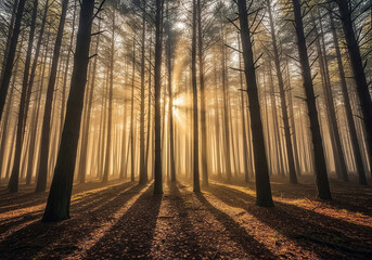 Fototapeta premium Dense Pine Forest in Misty Morning Light.