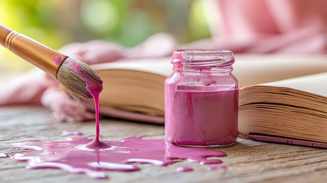 Pink paint drips from a paintbrush onto a wooden surface.