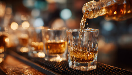 Close-up of barman hand pouring alcohol into shot glasses in a nightclub or bar