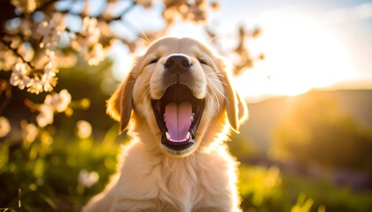 Happy puppy yawning in spring blossoms