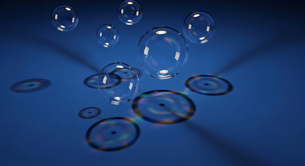 Floating bubbles with circular shadows on a blue surface in a studio setting rendering art