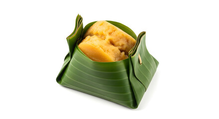 Thai dessert wrapped in banana leaf on a white background