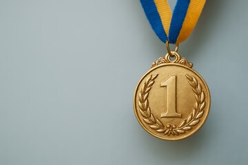 Close-up of golden first place medal with blue and yellow ribbon on a gray background, concept for achievement recognition, sport competition victory and academic excellence.