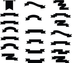 Collection of black ribbon and banner shapes isolated on white background for design .