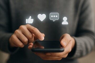 Hands operating smartphone with social media icons glowing above the screen, concept for digital marketing strategy, social engagement metrics and online brand recognition by social media managers