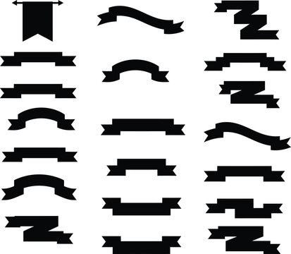 Collection of black ribbon and banner shapes isolated on white background for design .