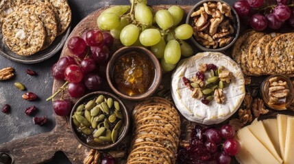 Assorted cheeses, fruits, nuts, and crackers arranged on a wooden board.