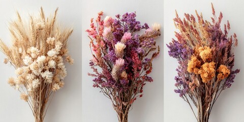 Three bouquets of dried flowers in beige, pink/purple, and rust/orange tones