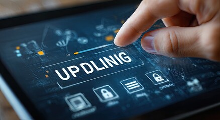 Hand touching a tablet screen displaying the word "UPDLING" with various abstract graphic elements