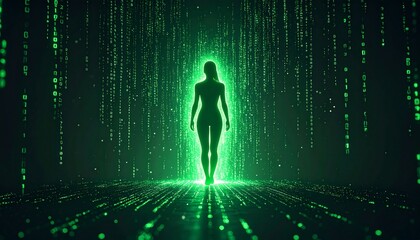 Humanoid silhouette formed from streaming green matrix binary code, AI and digital world concept.