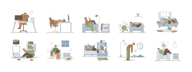 Laziness illustrations set. Flat vector illustration concept.