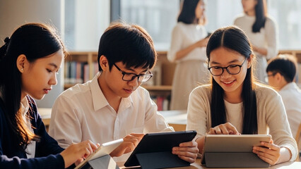 Students using tablets in a modern classroom or library setting