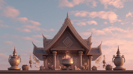 Boun Khao Padabdin Ancestral Remembrance Banner, family lighting incense for departed souls, temple roof in background