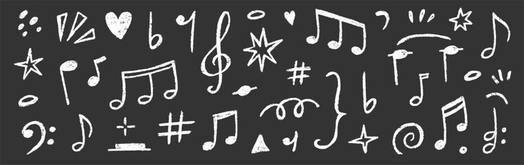 Music note hand drawn set. Cute music icon, melody sign, and sound symbol in kid crayon chalk sketch style. Cartoon texture, playful art decoration on chalkboard background. Vector illustration