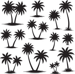 Collection of black palm tree silhouettes on white background tropical island nature
