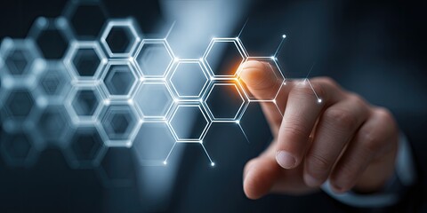 A hand interacting with a digital honeycomb network