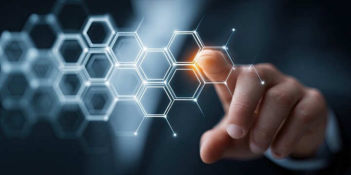 A hand interacting with a digital honeycomb network