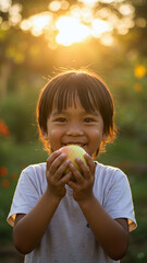 A smiling child holds an apple against a golden sunset