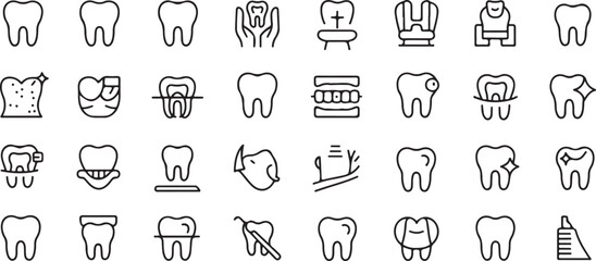 Collection of black line art icons representing healthy and damaged teeth and dental equipment tooth