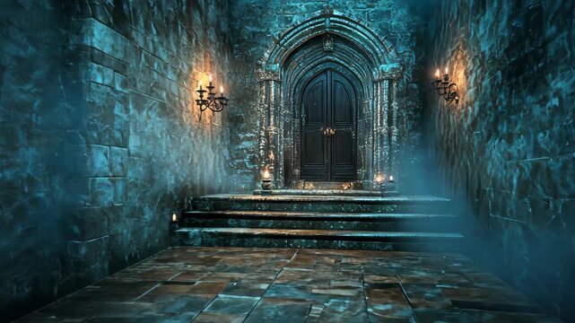 Eerie Stone Hallway with Fog and Lit Candle Sconces