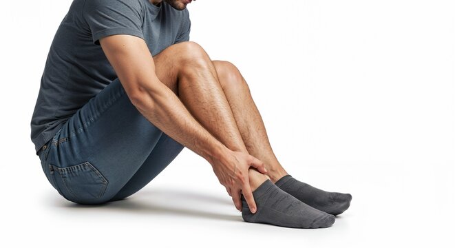 Man sitting and holding painful ankle while wearing gray socks   - Powered by Adobe