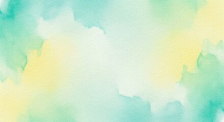 Fototapeta premium A gentle and artistic abstract background featuring soft, blended strokes of watercolor paint in shades of mint green, pale yellow, and cream.