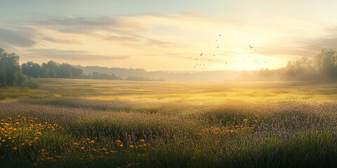 Obraz premium Open field of lavender with a soft blur on the right for copy.