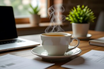 Steaming Cup of Tea on Desk with Laptop and Plants