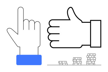 Hand gestures, one pointing up and another showing a thumbs-up, with coin stacks symbolizing success, decision-making, financial growth, business choices, leadership, teamwork, education simple