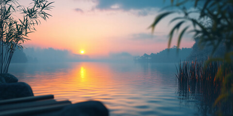 Quiet bay at dawn with a blurred right side for logo placement.