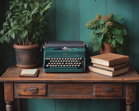 Authentic Home Workspace captured in vintage film tone with a typewriter, journal, and retro wooden desk 