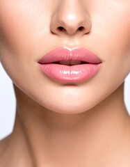 Close-up of a woman's full, pink lips and smooth chin