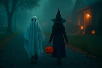 Trick-or-Treating Kids in Foggy Halloween Neighborhood