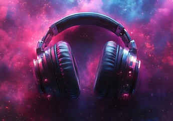 Floating Headphones in Cosmic Nebula Clouds of Pink and Blue

