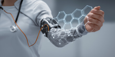 Person wearing futuristic healthcare wearable device on their arm, featuring digital interface with hexagonal patterns, symbolizing biotech innovations in healthcare technology