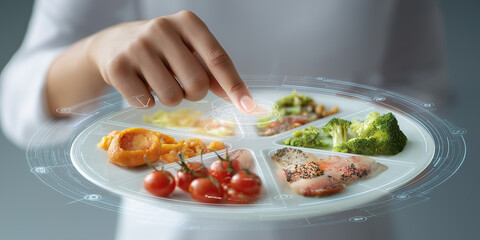 Person interacts with digital interface displaying futuristic plate of healthy food, including vegetables and proteins, suggesting focus on nutrition and technology