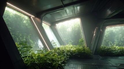 Futuristic Interior with Greenery and Large Windows