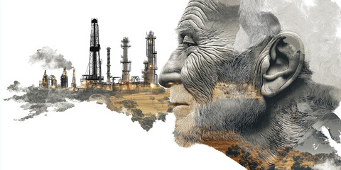 Elderly man profile blends with industrial landscape, symbolizing intersection of aging and energy industries. image evokes thoughts on longevity and environmental impact